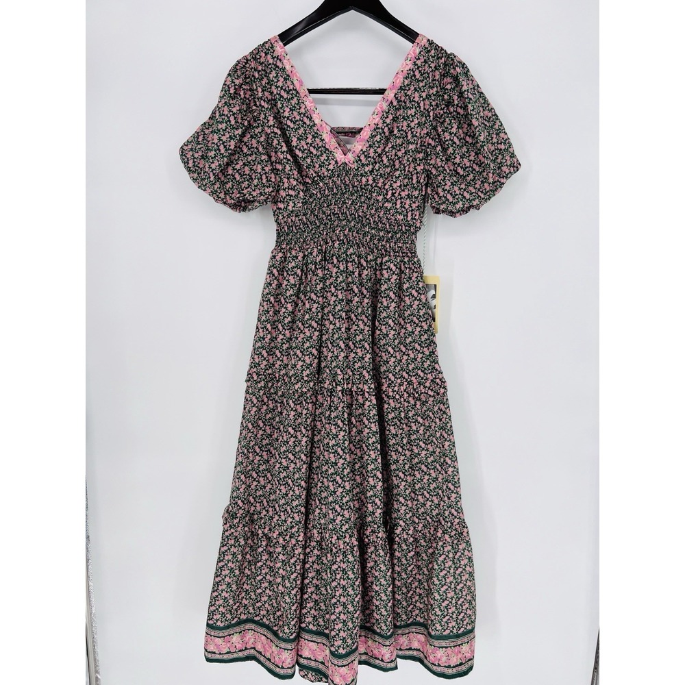Travota Birds‎ Of Paradise Nellie Dress "Sweet Melba" Midi Green/Pink Floral XS